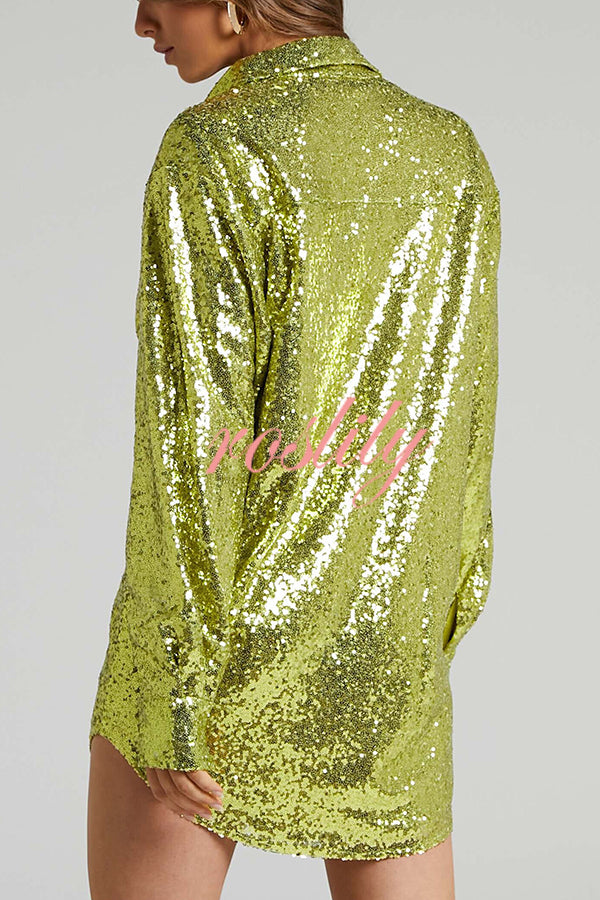 Solid Color Sequined Long-sleeved Casual Mid-length Loose Shirt