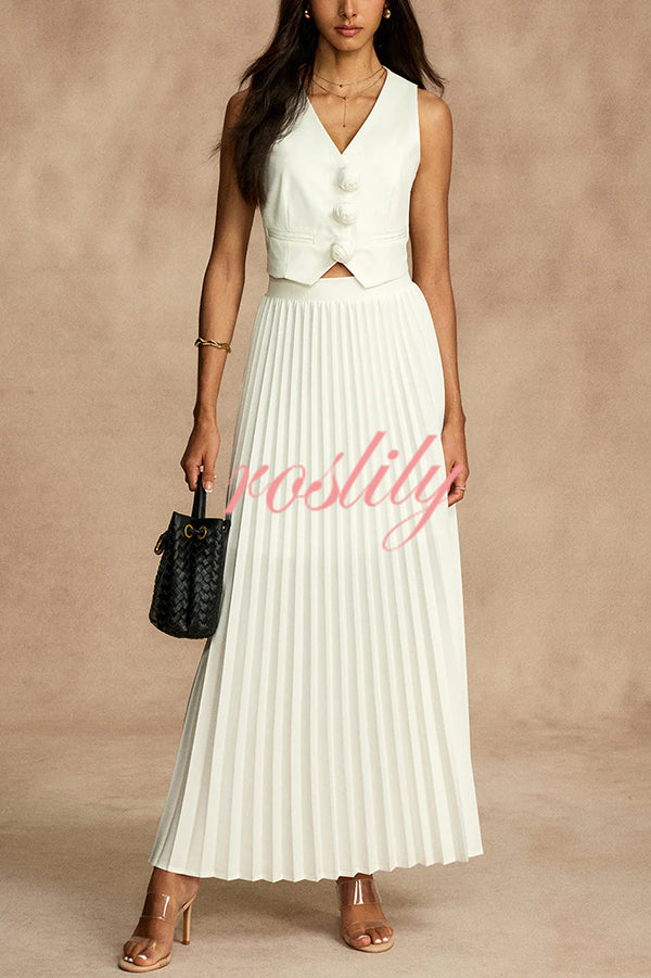 Stylish Rosette Sleeveless Tank Top and Pleated Maxi Skirt Set