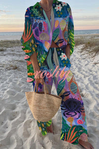 Unique shell Print Oversized Shirt and Elastic Waist Pocket Pants Set