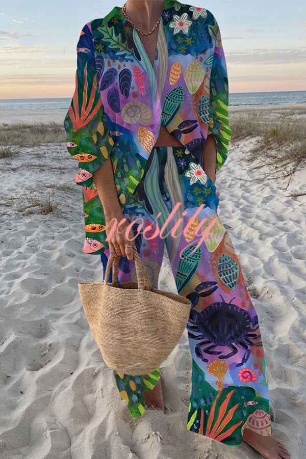 Unique shell Print Oversized Shirt and Elastic Waist Pocket Pants Set