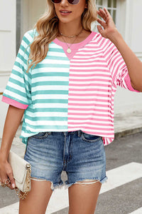 Striped Color Block Print Crew Neck Short Sleeve Loose Top