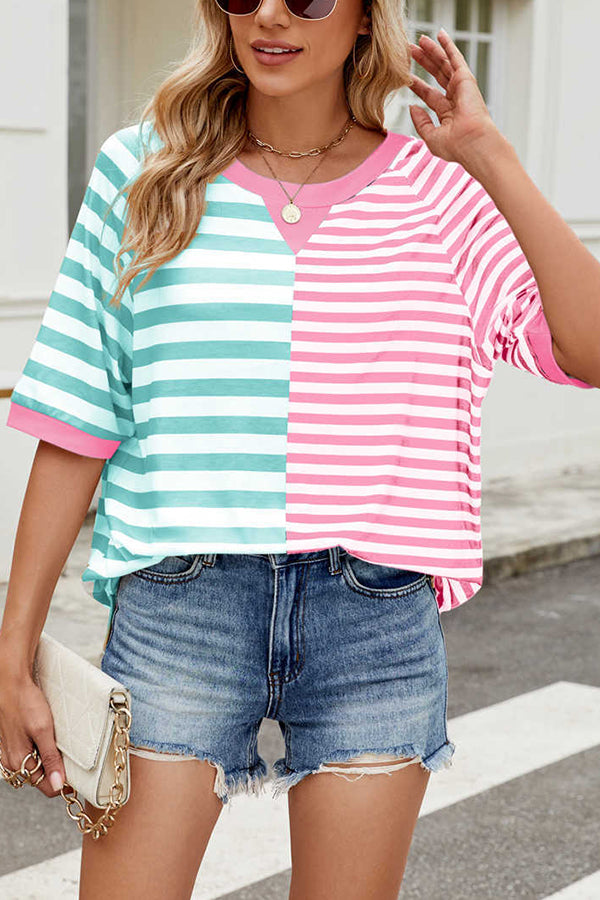 Striped Color Block Print Crew Neck Short Sleeve Loose Top