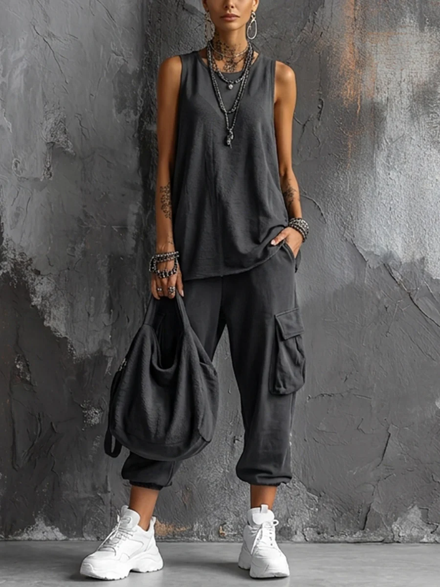 Street-style Loungewear Cargo Two-Piece Set