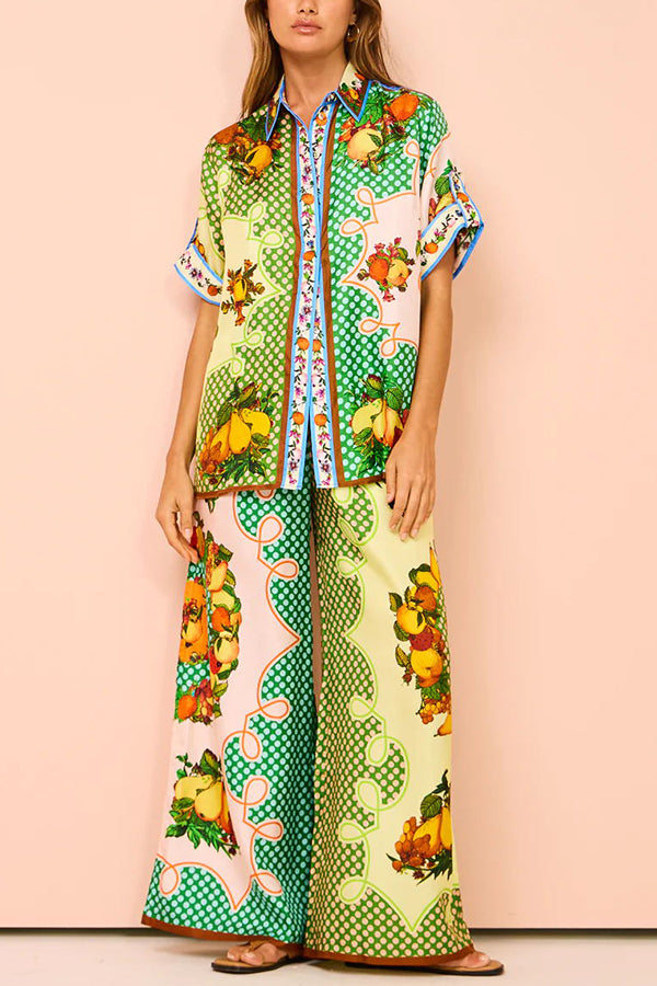 Enjoy Summer Lemon Satin Unique Print Button Down Oversized Blouse