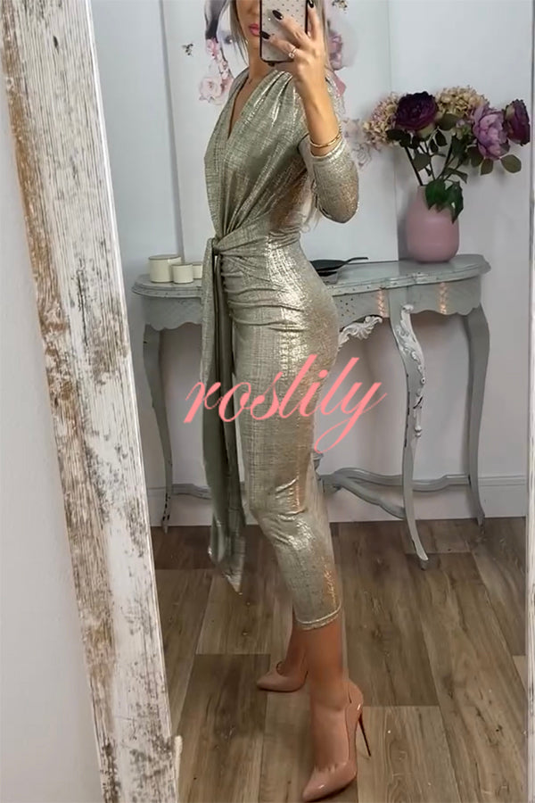 Shiny Lady Metallic Fabric Padded Long Sleeve Tie-up Ruched Midi Dress