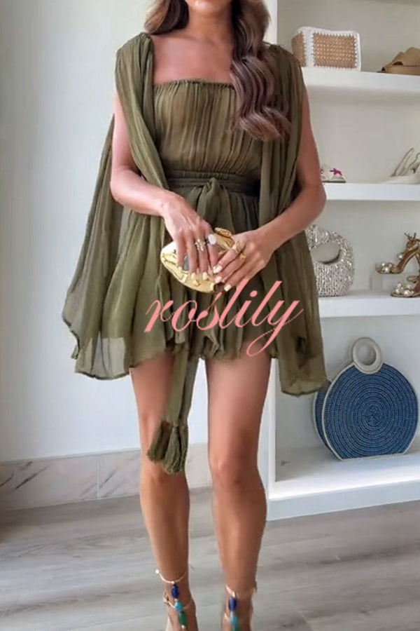 Vacay in Paradise Chiffon Slit Sleeve Elastic Waist Belt Flowing Mini Dress