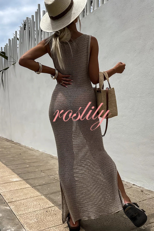 Solid Color Knitted Cutout Slit Slim Fit Maxi Dress