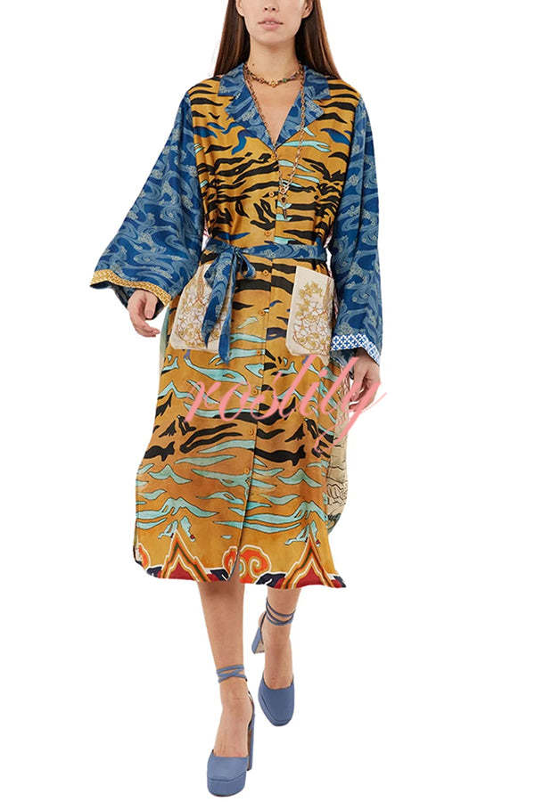 Tropical Jungle Tiger Unique Print  Long Sleeve Belt Pocketed Kimono Coat