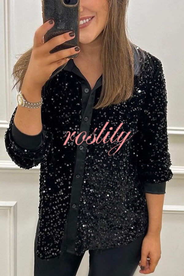 Fashion Velvet Sequined Loose Casual Long-sleeved Shirt