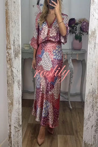 Satin Floral Print V-neck Half-sleeve Loose Top and Elegant Maxi Skirt Set