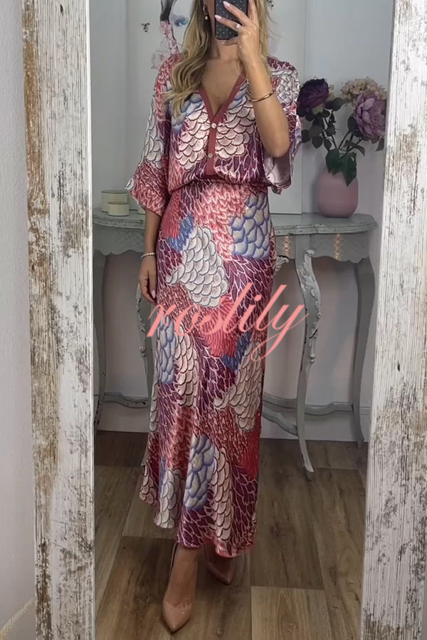 Satin Floral Print V-neck Half-sleeve Loose Top and Elegant Maxi Skirt Set