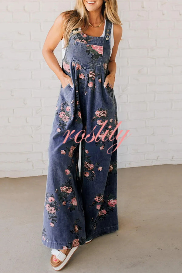 Fashion Floral Print Casual Button Pocket Loose Denim Overalls
