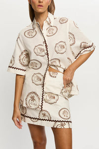 Resort Style Print Lapel Short Sleeve Shirt and Casual Mini Skirt Set