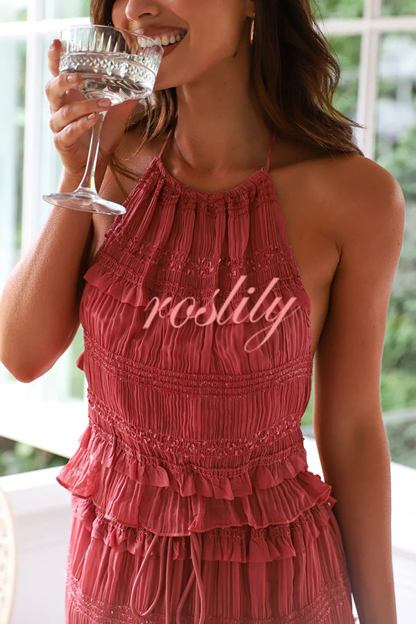 Feel Chic and Romantic Sequin Textured Material Back Elastic Halter Tie Tank