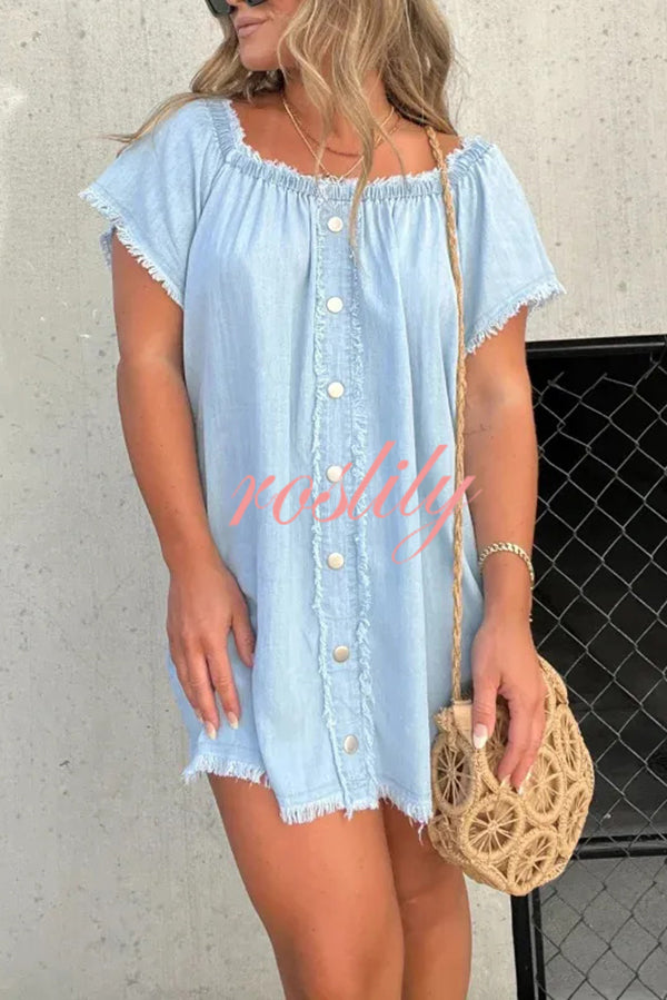 Fashionable Off Shoulder Short-sleeved Loose Denim Mini Dress