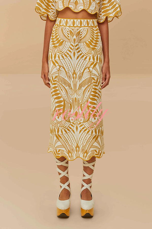 Korra Linen Blend Unique Print Wave Trim Bell Sleeve Top and Elastic Waist Pocket Midi Skirt Set