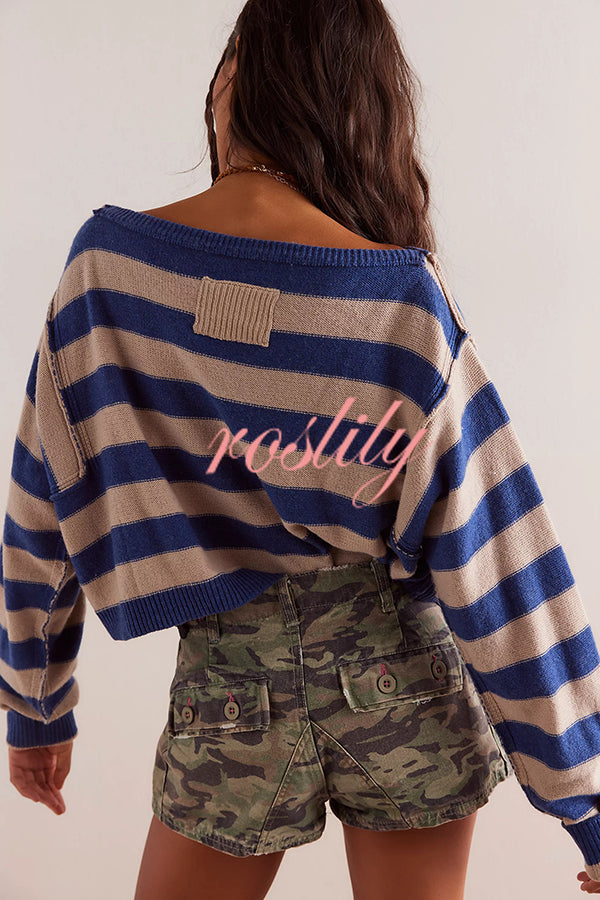 Striped Print Crew Neck Long Sleeve Loose Knitted Sweater