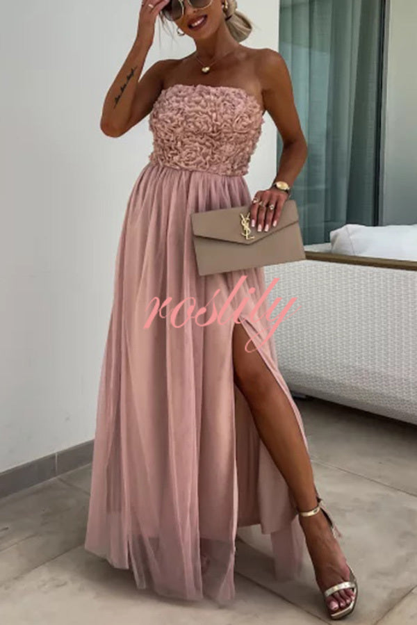 Romance and Lightness Tulle Floral Texture Pleated Patchwork Strapless Slit Maxi Dress