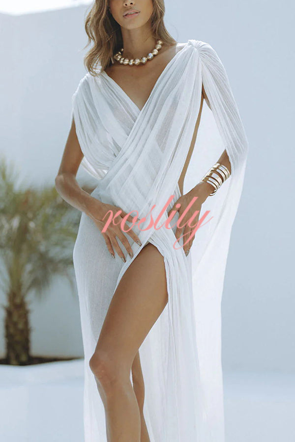 Enjoy Your Vacation Linen Blend Ruched Shoulder Drape Loose Cover Up Maxi Dress