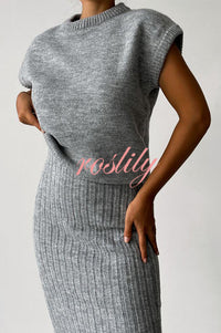 Triko Knit Short Sleeve Sweater and Stretch Ribbed Midi Skirt Set