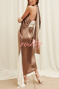 Elegant Whisper Satin Colorblock Halter Asymmetrical Hem Drape Maxi Dress