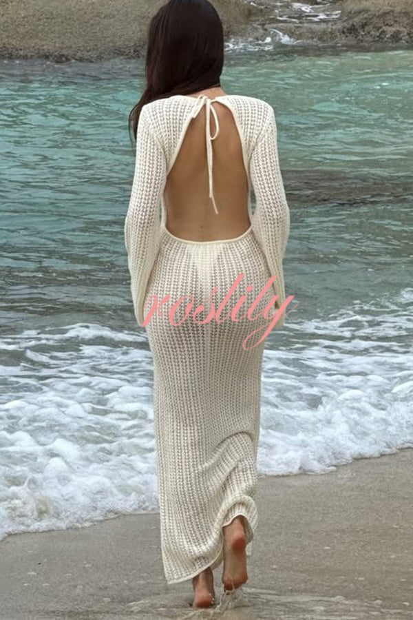 Bahamas Knit Long Bell Sleeve Sexy Backless Holiday Cover-up Maxi Dress