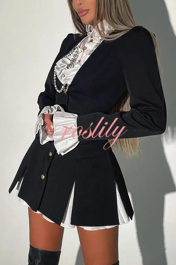 Altair Contrast Ruffled Shirt Patchwork Button Pleated Blazer Mini Dress