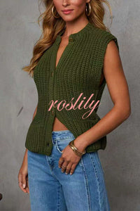 Solid Color Sleeveless Button Pocket Knit Vest