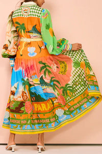 A World of Colour Unique Print Balloon Sleeve Belt Shirt Midi Dress