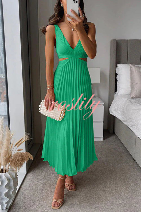 Summer Social Stain Pleated Cutout Waist Loose Midi Dress