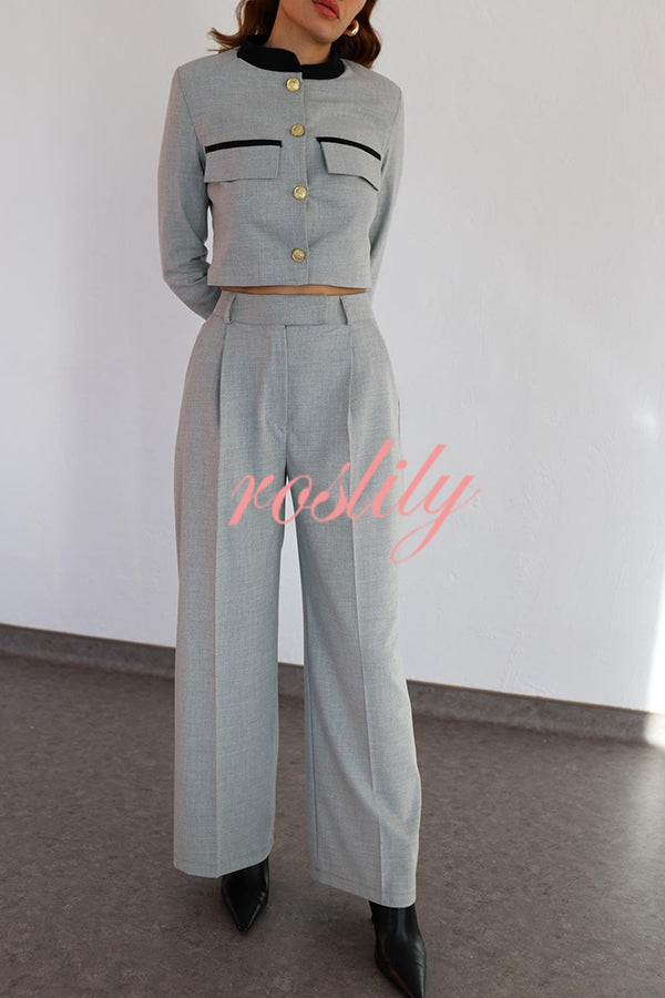 Stylish Contrasting Cropped Long Sleeve Top and Pocket Straight Leg Pants Set