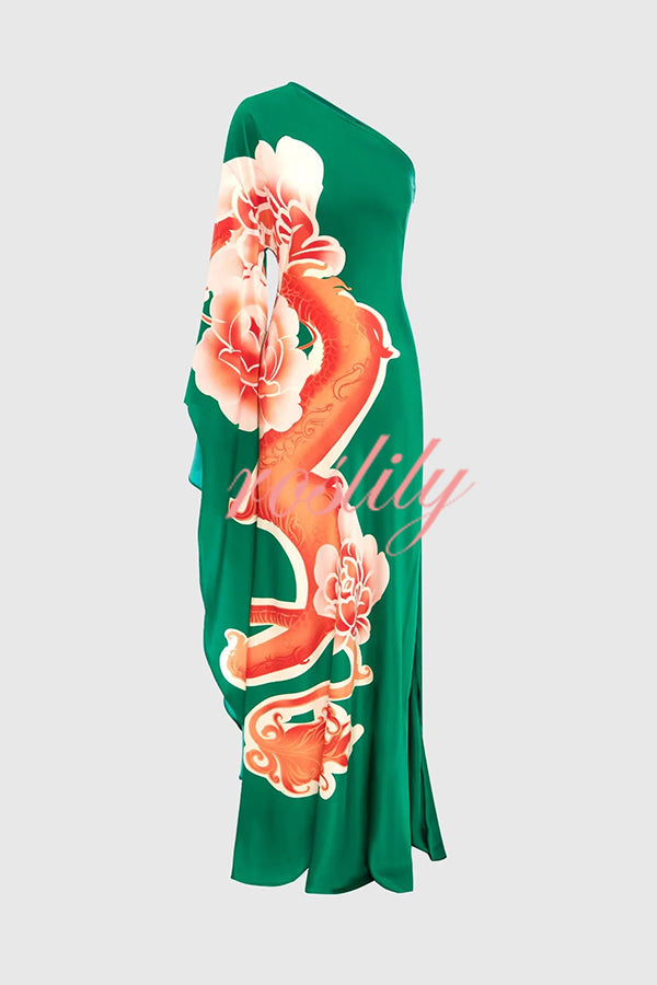 Elegance and Grace Satin Dragon Print One Shoulder Drape Sleeve Maxi Dress