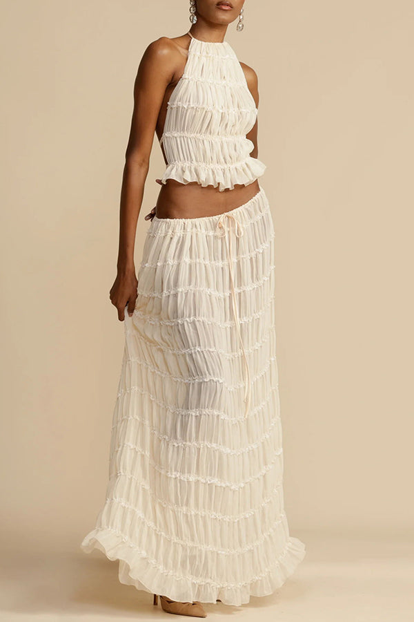 Versatility and Vintage Charm Pleated Drawstring Waist Tiered Maxi Skirt