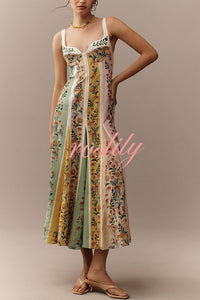 Sweet Garden Linen Blend Color Block Floral Paneled Maxi Dress