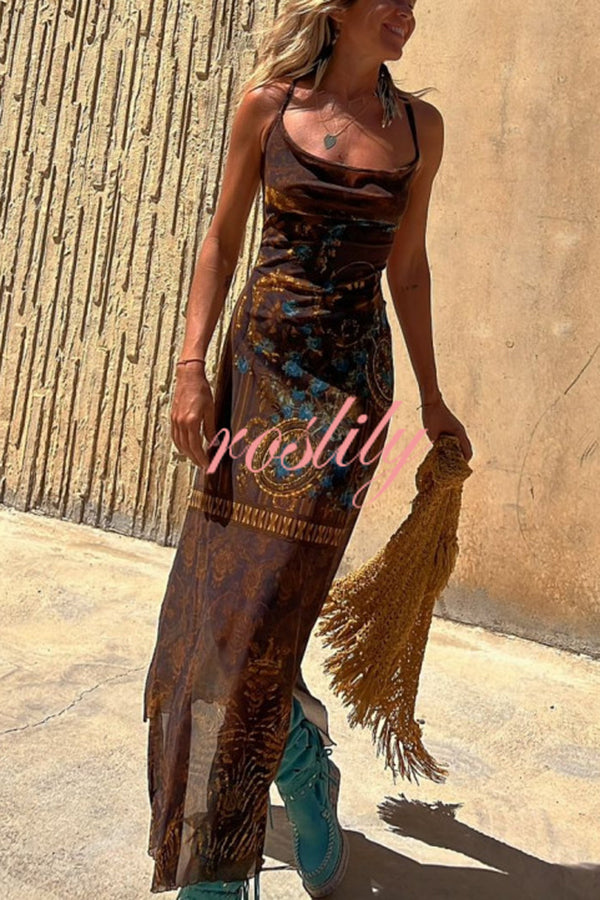 Gypsy Style Unique Print Cowl Neck Back Lace-up Slit Midi Dress