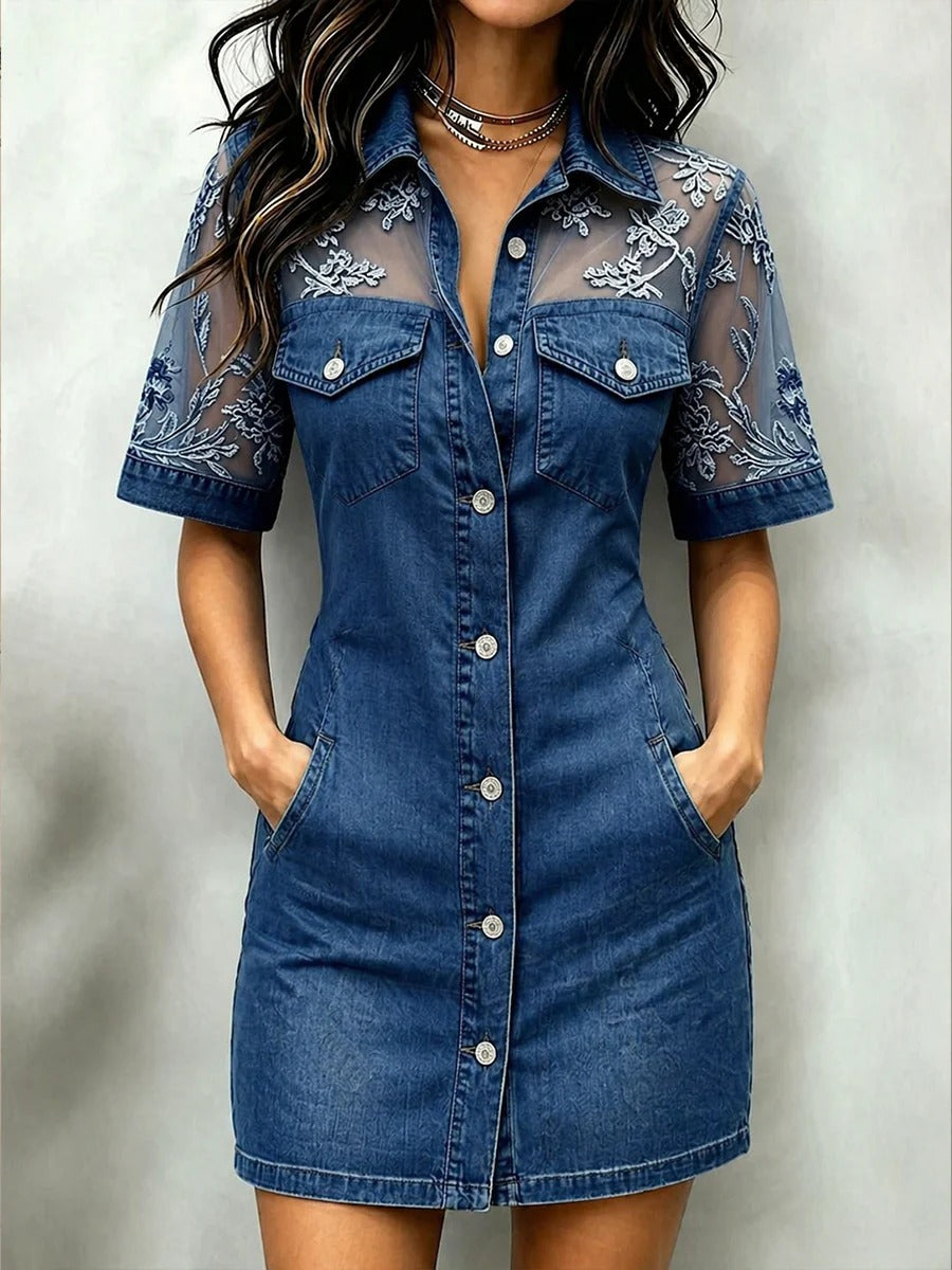 Embroidered Mesh Patchwork Denim Dress