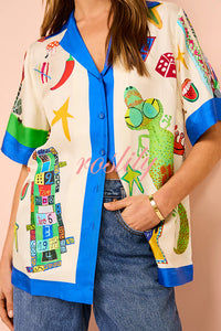 Vibrant Beach Satin Unique Print Colorblock Trim Button Down Oversized Blouse