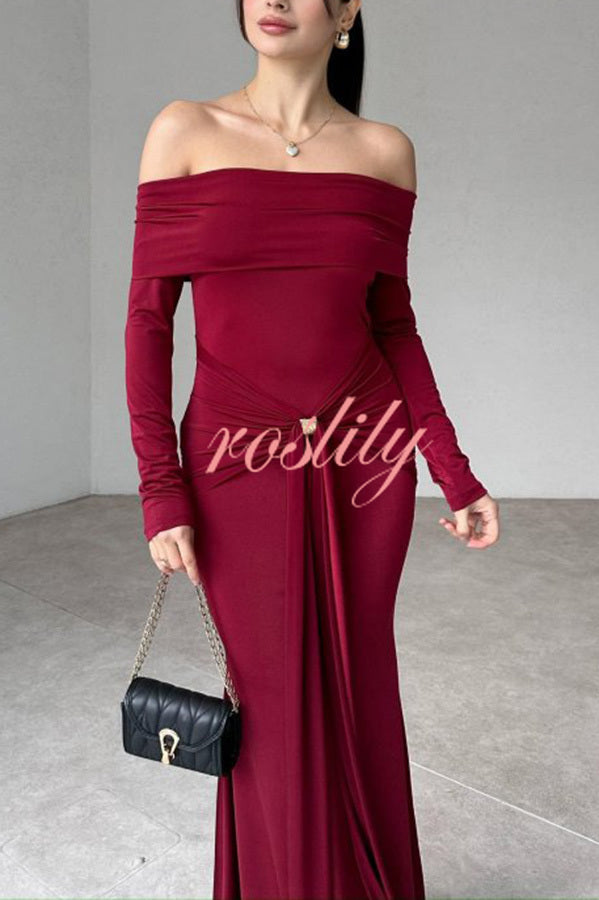 Naia Off Shoulder Long Sleeve Metal Buckle Adjustment Drape Stretch Maxi Dress