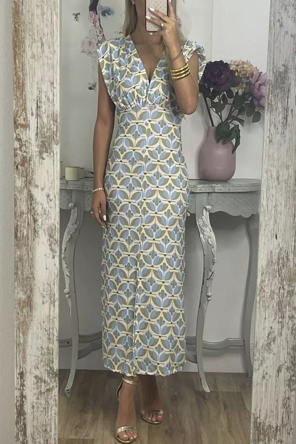 Forever Here Printed Padded Shoulder Front Center Slit Midi Dress