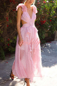 Wedding Dreams Chiffon Printed Flutter Sleeve Cutout Back Lace-up Maxi Dress