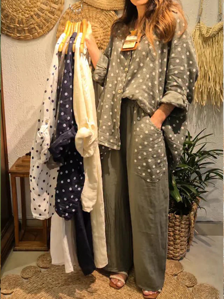 Polka Dot Linen And Cotton Shirt And Trousers Two-piece Set