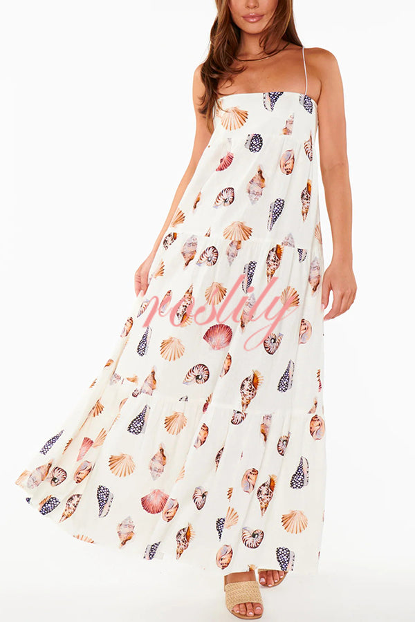 Long Weekend Linen Blend Shells Unique Print Smocked Pocket Lightweight Maxi Dress