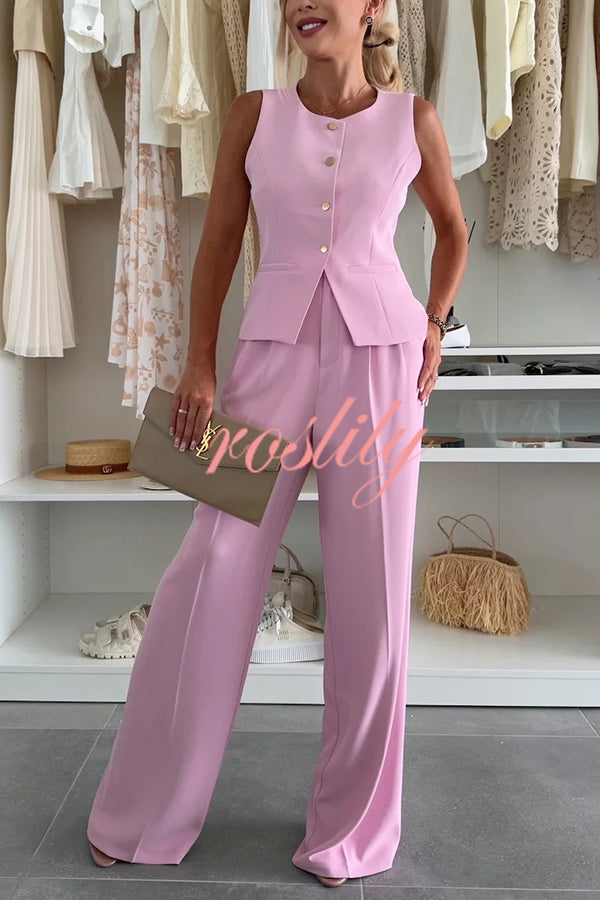 Workplace Chic Sleeveless Button Vest and Relaxed Pocket Wide Leg Pants Set