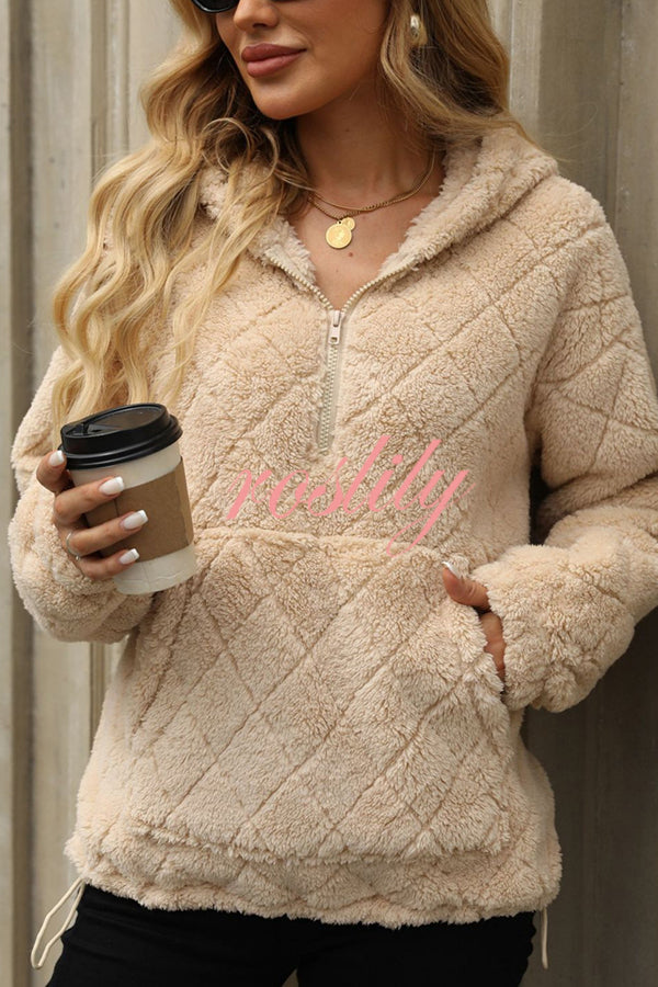 Solid Color Loose Half-Zip Pocket Plush Hoodie