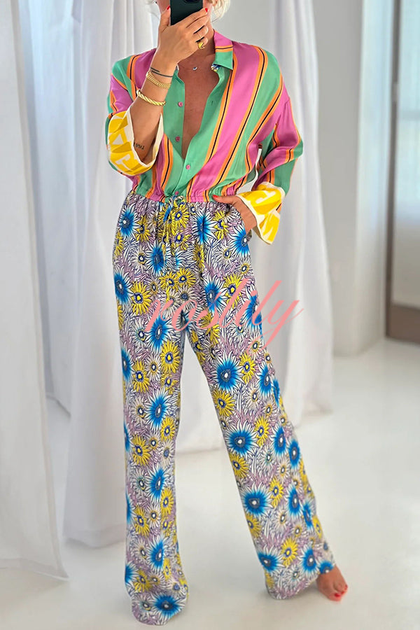 Boho Chic Look Unique Print Elastic Waist Pocketed Loose Shirt Jumpsuit