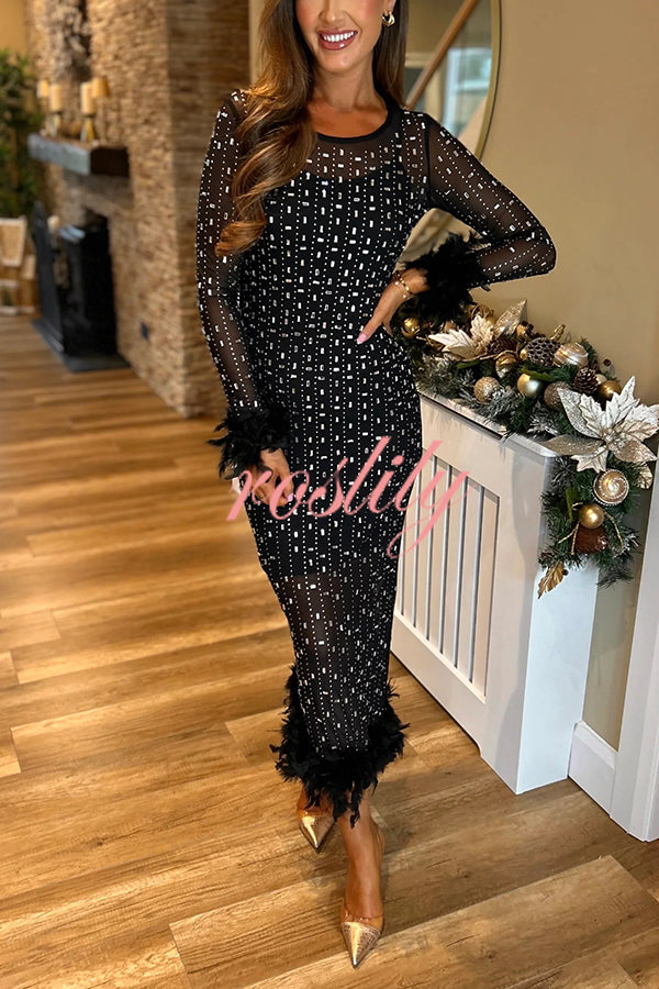 Sexy Long Sleeve Round Neck Feather Edge Rhinestone Decoration Slim Fit Maxi Dress