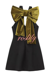 Sweet Party Contrast Back Velvet Bow Detail Mini Dress