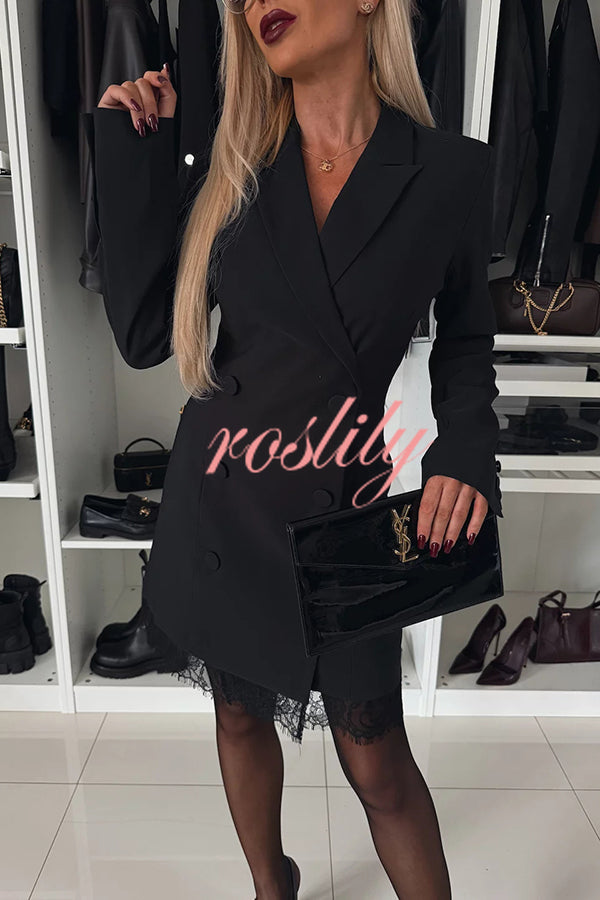 Confidence Style Button Up Lapel Lace Trim Blazer Mini Dress