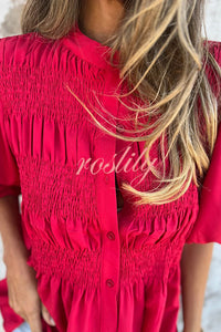 Solid Color Round Neck Button Pleated Short Sleeve Casual Shirt