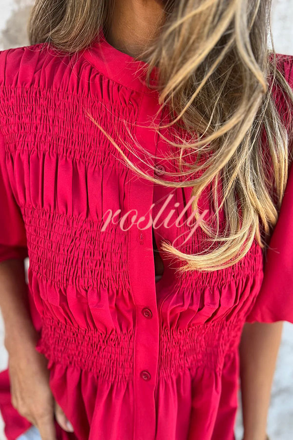 Solid Color Round Neck Button Pleated Short Sleeve Casual Shirt